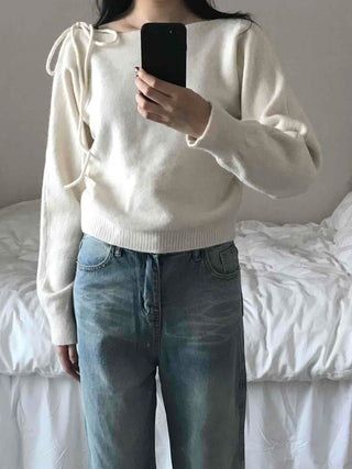 Puff See-through Shoulder Ribbon Detail Crop Knit