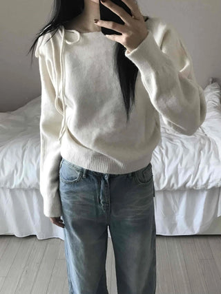 Puff See-through Shoulder Ribbon Detail Crop Knit