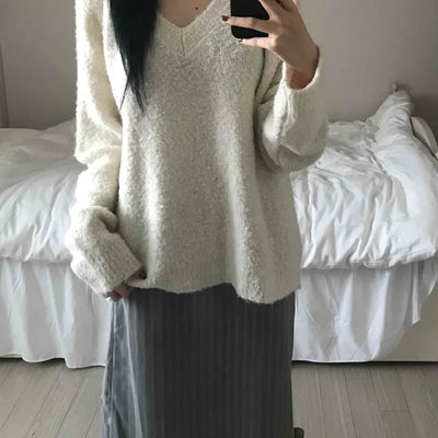 Cozy Fluffy Shearling V-Neck Boxy Fit Knit