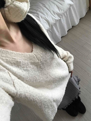 Cozy Fluffy Shearling V-Neck Boxy Fit Knit