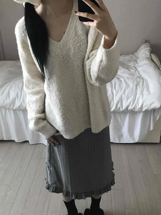 Cozy Fluffy Shearling V-Neck Boxy Fit Knit