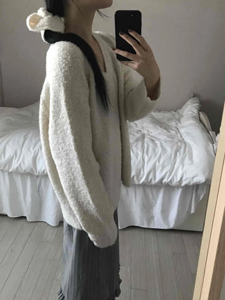 Cozy Fluffy Shearling V-Neck Boxy Fit Knit