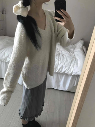 Cozy Fluffy Shearling V-Neck Boxy Fit Knit