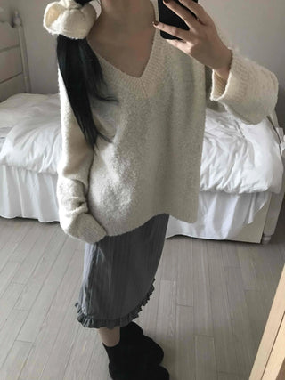 Cozy Fluffy Shearling V-Neck Boxy Fit Knit