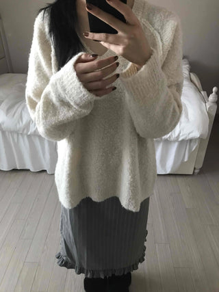 Cozy Fluffy Shearling V-Neck Boxy Fit Knit