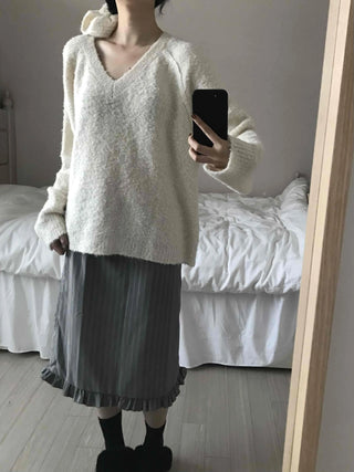 Cozy Fluffy Shearling V-Neck Boxy Fit Knit