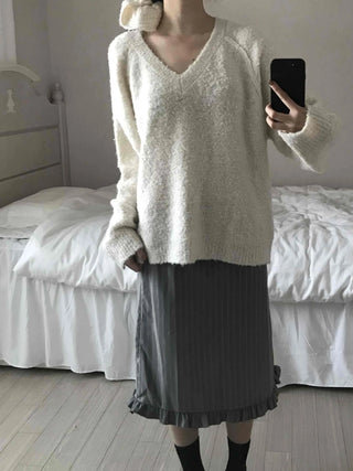 Cozy Fluffy Shearling V-Neck Boxy Fit Knit
