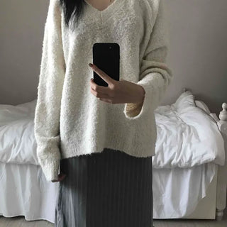 Cozy Fluffy Shearling V-Neck Boxy Fit Knit