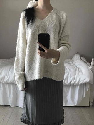 Cozy Fluffy Shearling V-Neck Boxy Fit Knit