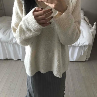 Cozy Fluffy Shearling V-Neck Boxy Fit Knit