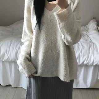 Cozy Fluffy Shearling V-Neck Boxy Fit Knit