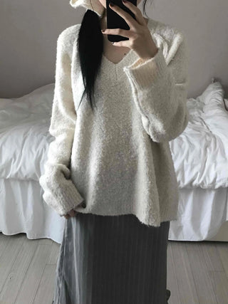 Cozy Fluffy Shearling V-Neck Boxy Fit Knit