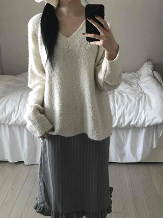 Cozy Fluffy Shearling V-Neck Boxy Fit Knit