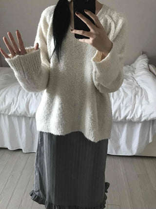 Cozy Fluffy Shearling V-Neck Boxy Fit Knit
