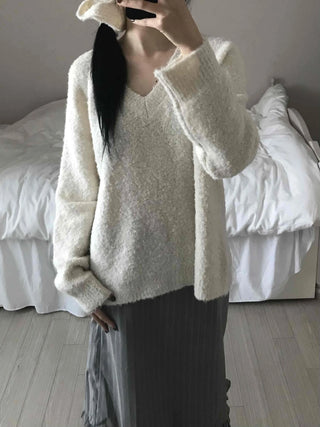 Cozy Fluffy Shearling V-Neck Boxy Fit Knit