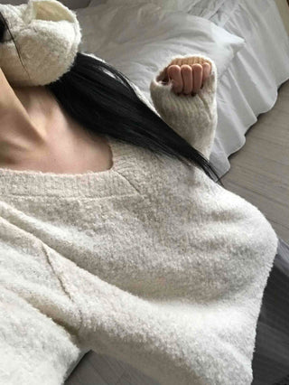 Cozy Fluffy Shearling V-Neck Boxy Fit Knit