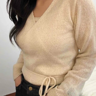 String Shirred V-Neck Crop Knit