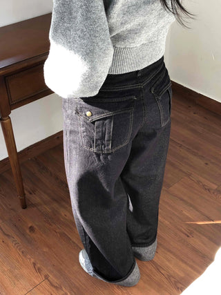 Roll-up Point Balloon Fit Stitch Denim Pants