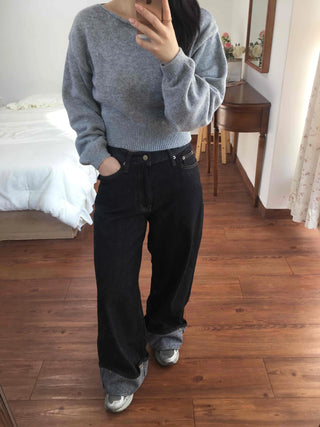 Roll-up Point Balloon Fit Stitch Denim Pants