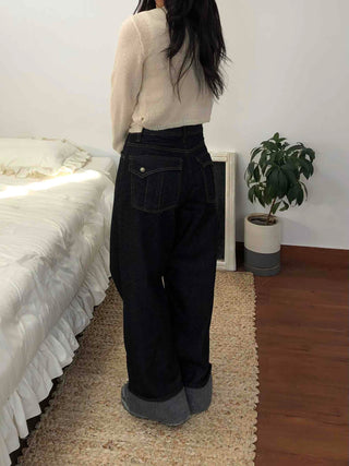 Roll-up Point Balloon Fit Stitch Denim Pants
