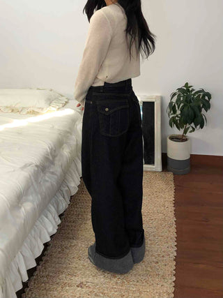 Roll-up Point Balloon Fit Stitch Denim Pants
