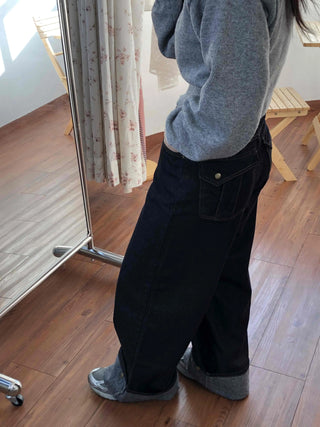 Roll-up Point Balloon Fit Stitch Denim Pants