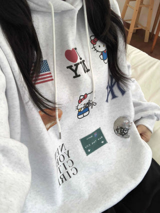 NYC Collection Mix Patch Kangaroo Pocket Loose Fit Hoodie