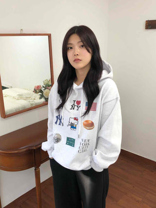 NYC Collection Mix Patch Kangaroo Pocket Loose Fit Hoodie