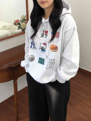 NYC Collection Mix Patch Kangaroo Pocket Loose Fit Hoodie