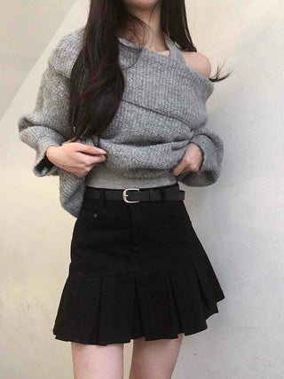 Diagonal Asymmetrical Pleated Cotton Mini Skirt