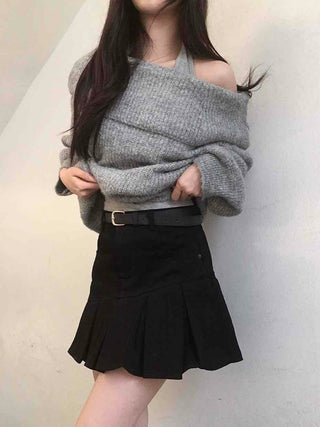 Diagonal Asymmetrical Pleated Cotton Mini Skirt