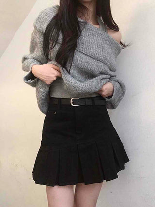 Diagonal Asymmetrical Pleated Cotton Mini Skirt