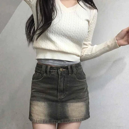 Y2K Vintage Washed High-Waisted Denim Mini Skirt