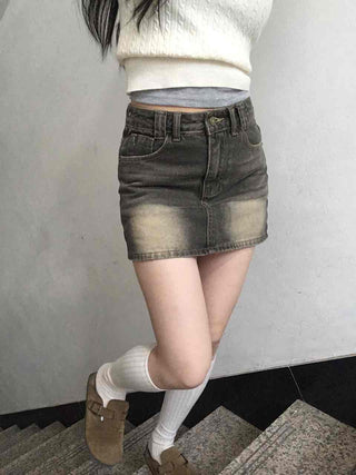 Y2K Vintage Washed High-Waisted Denim Mini Skirt