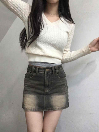 Y2K Vintage Washed High-Waisted Denim Mini Skirt