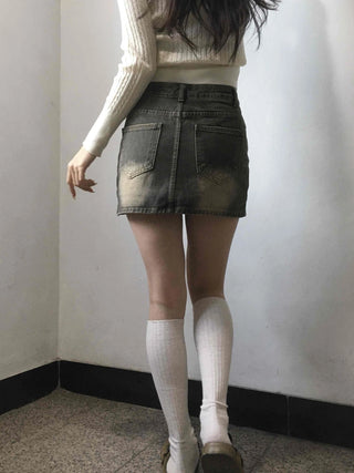Y2K Vintage Washed High-Waisted Denim Mini Skirt