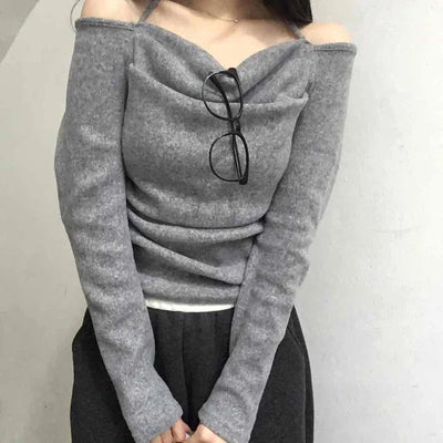 String Halter Square Neck Slim Fleece-Lined Long Sleeve T-shirt