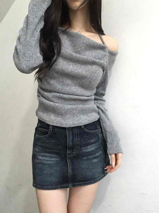 String Halter Square Neck Slim Fleece-Lined Long Sleeve T-shirt