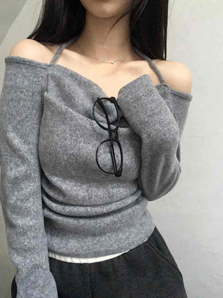 String Halter Square Neck Slim Fleece-Lined Long Sleeve T-shirt