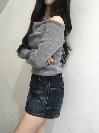String Halter Square Neck Slim Fleece-Lined Long Sleeve T-shirt