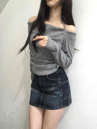 String Halter Square Neck Slim Fleece-Lined Long Sleeve T-shirt