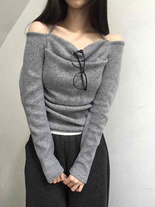 String Halter Square Neck Slim Fleece-Lined Long Sleeve T-shirt
