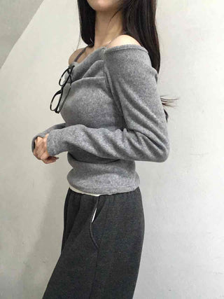 String Halter Square Neck Slim Fleece-Lined Long Sleeve T-shirt