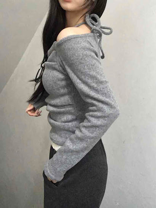 String Halter Square Neck Slim Fleece-Lined Long Sleeve T-shirt