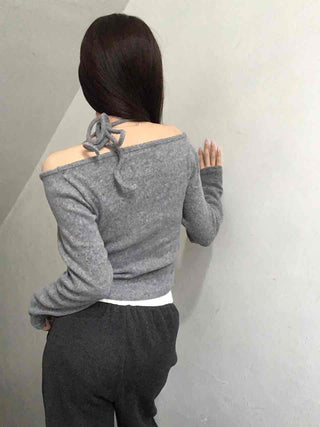 String Halter Square Neck Slim Fleece-Lined Long Sleeve T-shirt