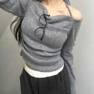 String Halter Square Neck Slim Fleece-Lined Long Sleeve T-shirt