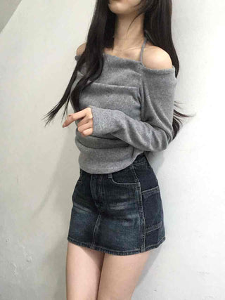 String Halter Square Neck Slim Fleece-Lined Long Sleeve T-shirt