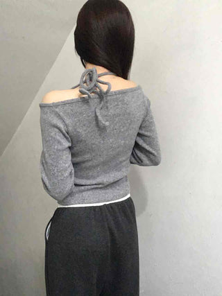 String Halter Square Neck Slim Fleece-Lined Long Sleeve T-shirt