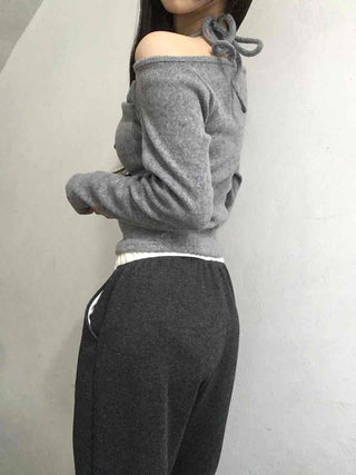 String Halter Square Neck Slim Fleece-Lined Long Sleeve T-shirt