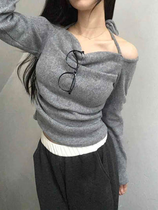 String Halter Square Neck Slim Fleece-Lined Long Sleeve T-shirt